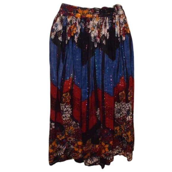 Multi Color Drawstring Skirt with Metallic Threads Floral Print - Picture 3 of 4